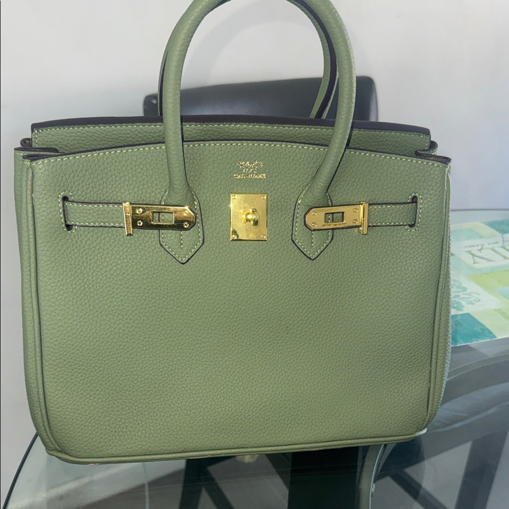 Luxury Olive Green Leather Top-Handle Bag with Gold Hardware